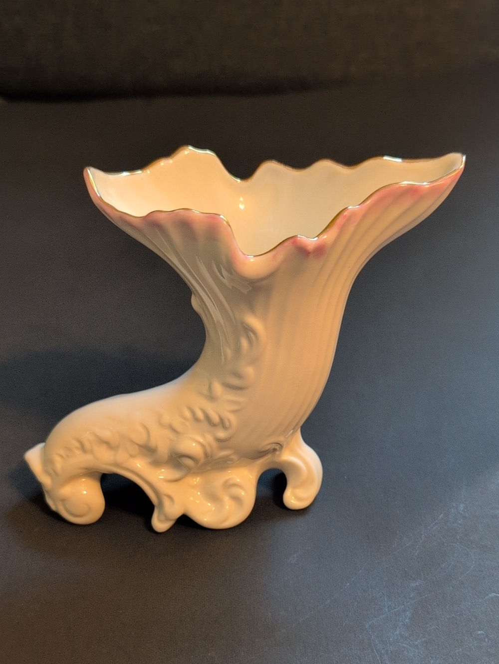 Vintage Belleek Vase with Pink-Edged Rim